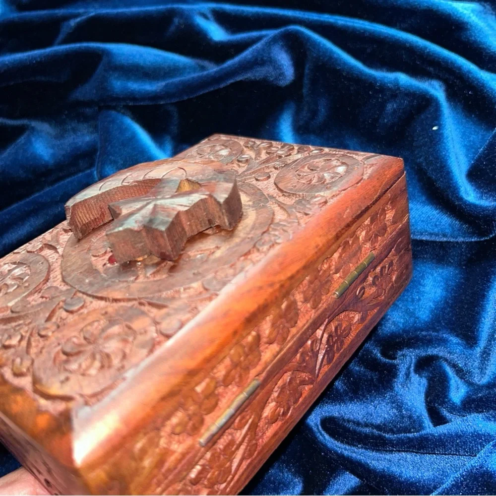 Handcarved Wooden Box with Star and‎ Moon Relief Design